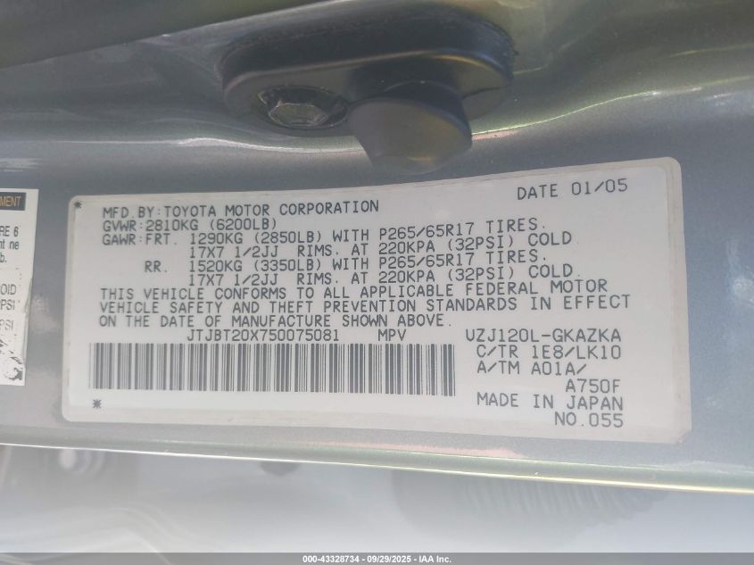 2005 Lexus Gx 470 VIN: JTJBT20X750075081 Lot: 43328734