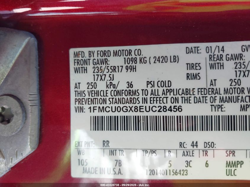 2014 Ford Escape Se VIN: 1FMCU0GX8EUC28456 Lot: 43328738