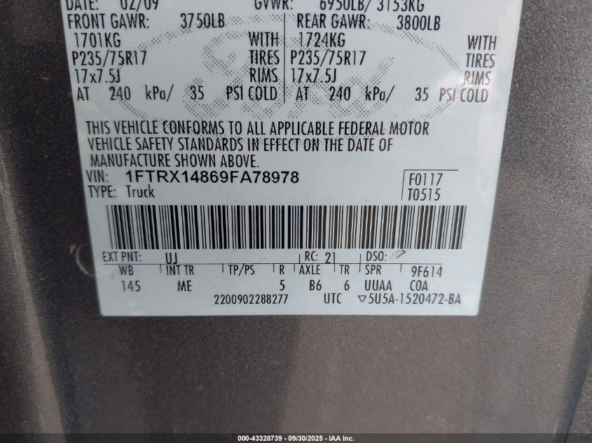 2009 Ford F-150 Stx/Xl/Xlt VIN: 1FTRX14869FA78978 Lot: 43328739
