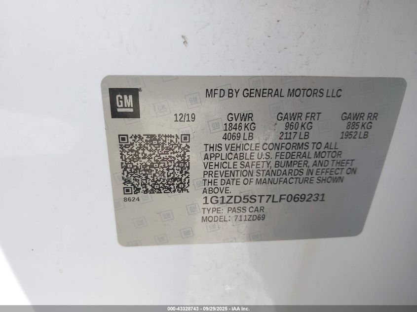 2020 Chevrolet Malibu Fwd Lt VIN: 1G1ZD5ST7LF069231 Lot: 43328743