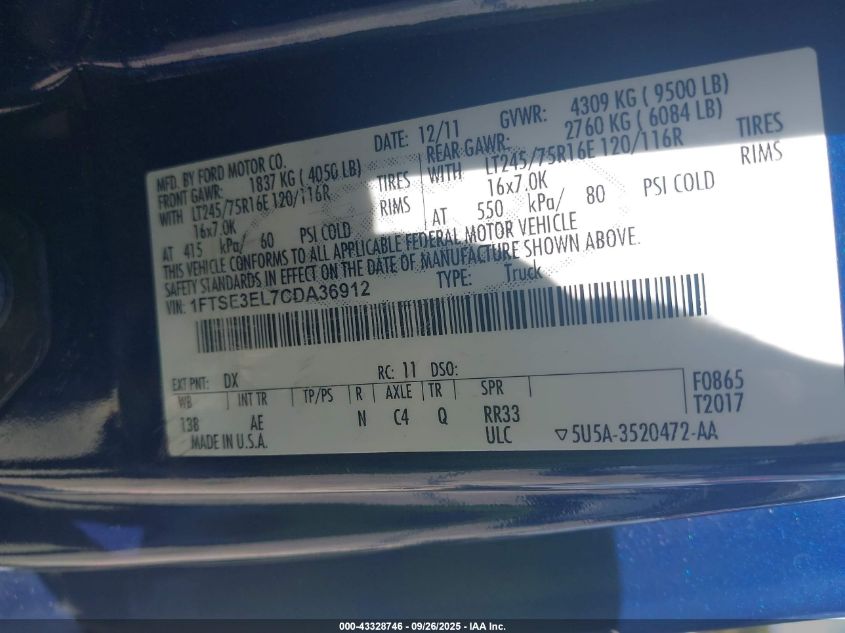 2012 Ford E-350 Super Duty Commercial VIN: 1FTSE3EL7CDA36912 Lot: 43328746