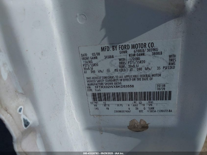 2008 Ford F150 VIN: 1FTRX02WX8KD53558 Lot: 43328763