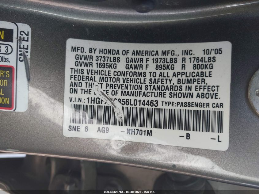 2006 Honda Civic Ex VIN: 1HGFA16856L014463 Lot: 43328764