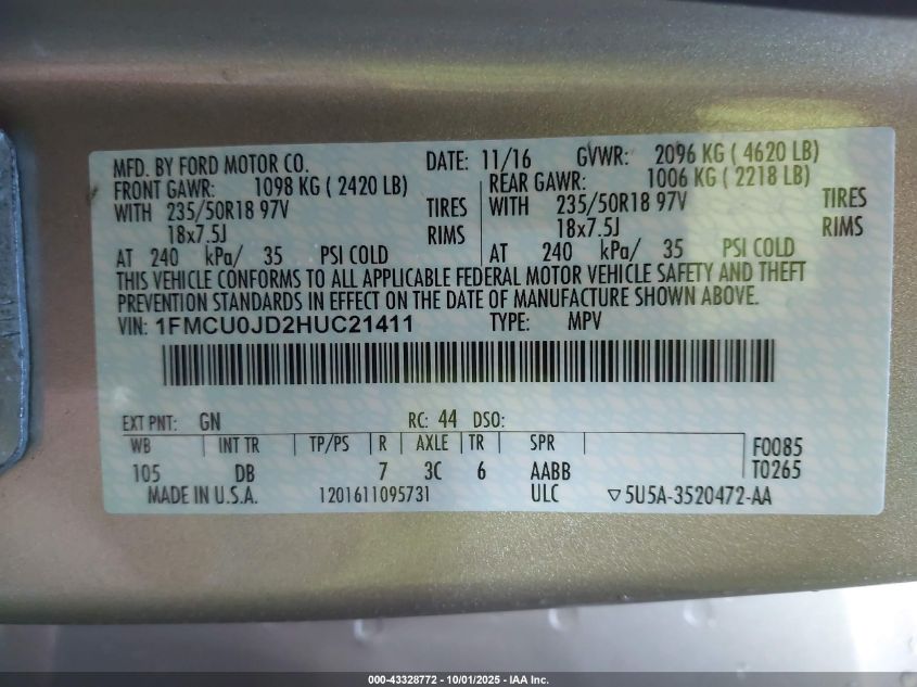 2017 Ford Escape Titanium VIN: 1FMCU0JD2HUC21411 Lot: 43328772