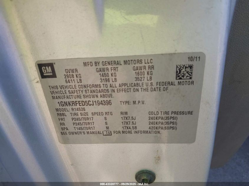 2012 Chevrolet Traverse Ls VIN: 1GNKRFED5CJ194396 Lot: 43328777