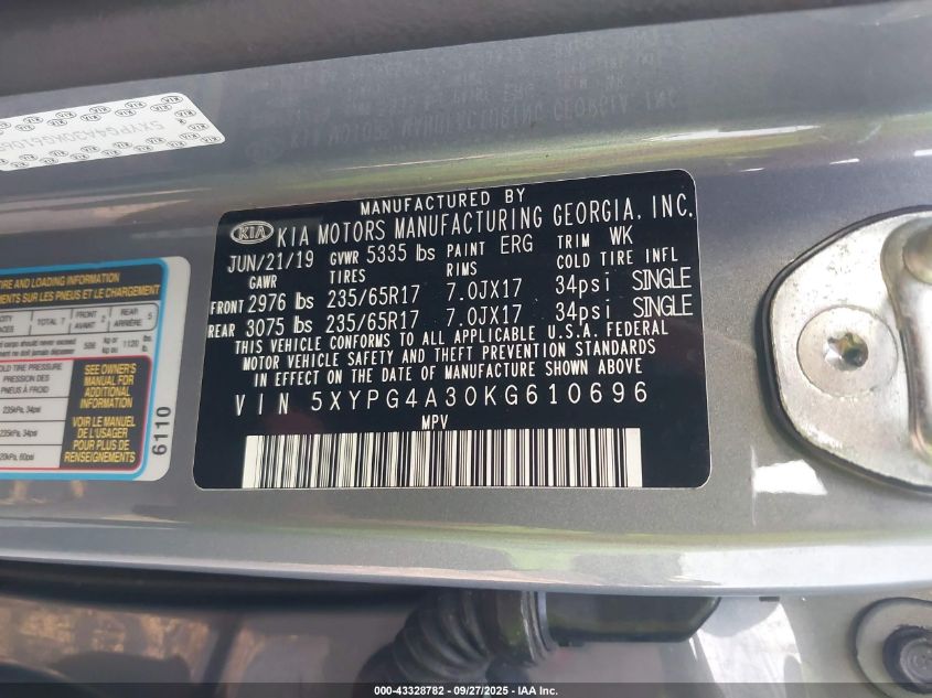 2019 Kia Sorento 2.4L L VIN: 5XYPG4A30KG610696 Lot: 43328782