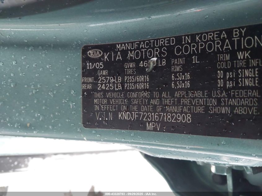 2006 Kia Sportage Ex V6/Lx V6 VIN: KNDJF723167182908 Lot: 43328783