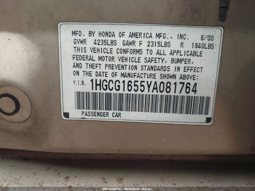 2000 Honda Accord 3.0 Ex VIN: 1HGCG1655YA081764 Lot: 43328791