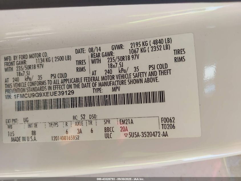 2014 Ford Escape Se VIN: 1FMCU9G9XEUE39129 Lot: 43328793