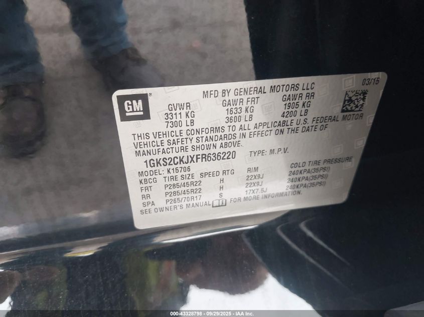 2015 GMC Yukon Denali VIN: 1GKS2CKJXFR636220 Lot: 43328798