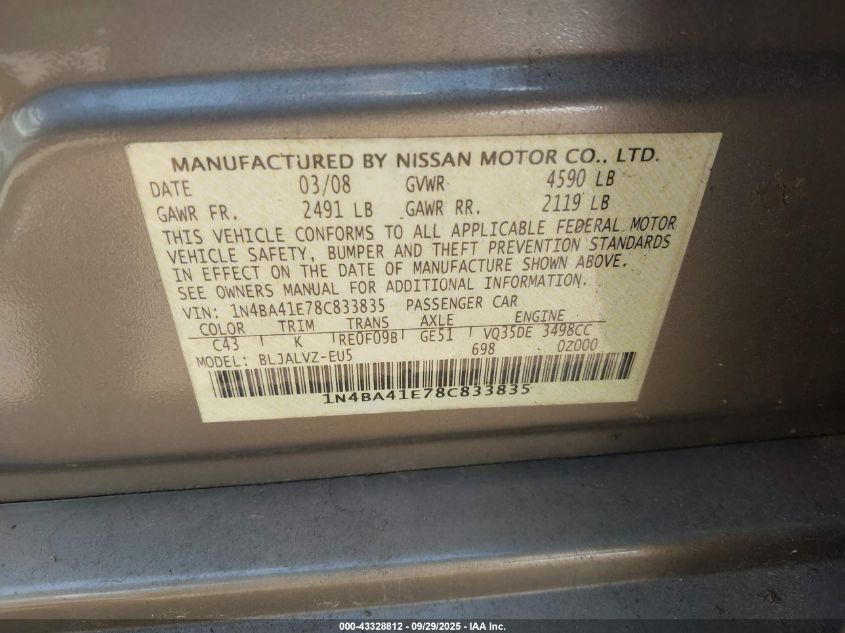 2008 Nissan Maxima 3.5 Se VIN: 1N4BA41E78C833835 Lot: 43328812