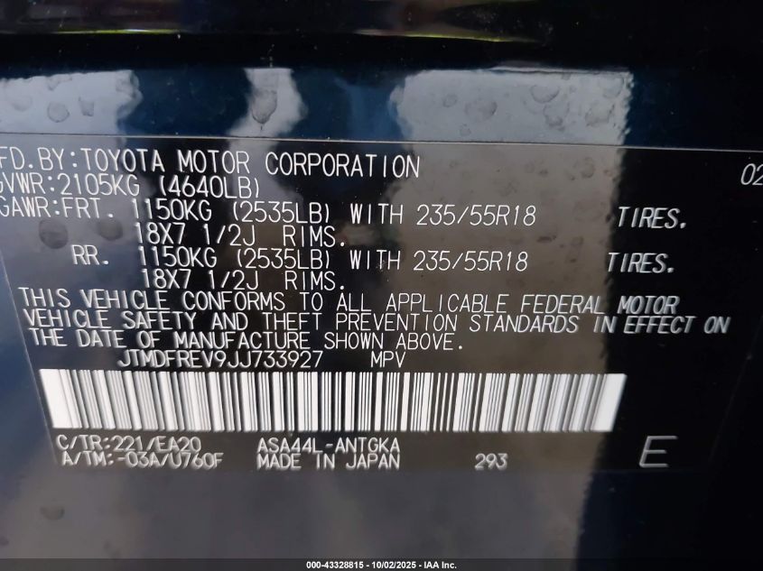 2018 Toyota Rav4 Limited VIN: JTMDFREV9JJ733927 Lot: 43328815