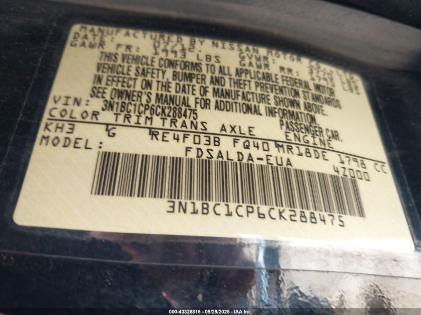 2012 Nissan Versa 1.8 S VIN: 3N1BC1CP6CK288475 Lot: 43328816