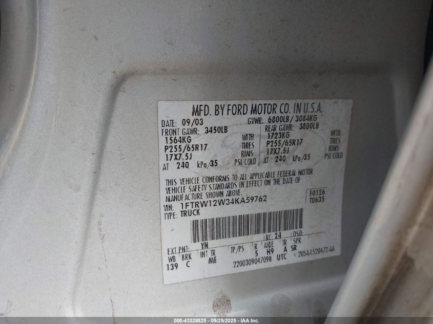 2004 Ford F-150 Xlt VIN: 1FTRW12W34KA59762 Lot: 43328825