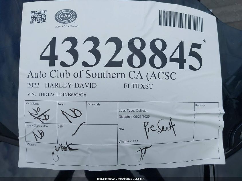 2022 Harley-Davidson Fltrxst VIN: 1HD1ACL24NB662626 Lot: 43328845