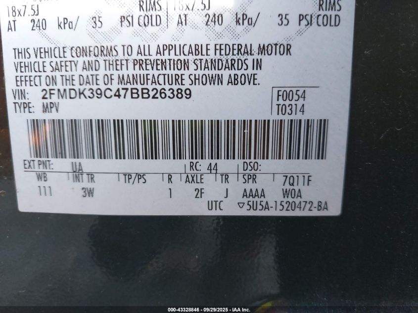 2007 Ford Edge Sel Plus VIN: 2FMDK39C47BB26389 Lot: 43328846