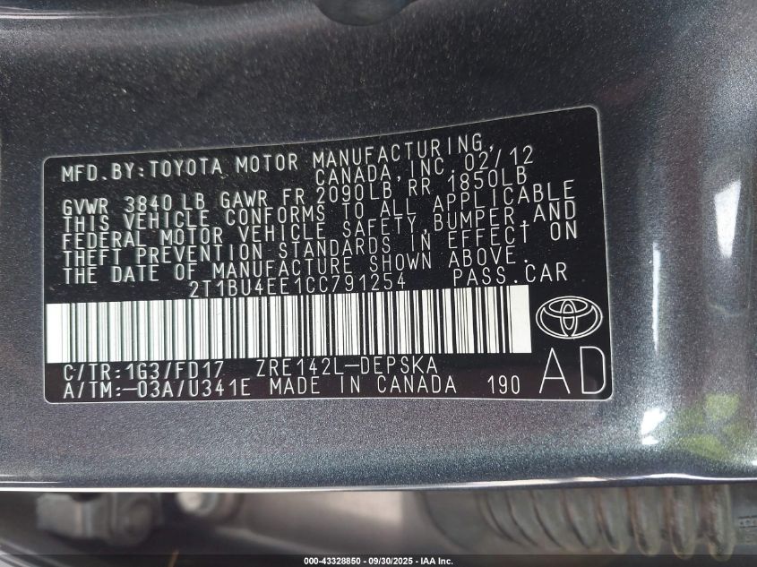 2012 Toyota Corolla S VIN: 2T1BU4EE1CC791254 Lot: 43328850