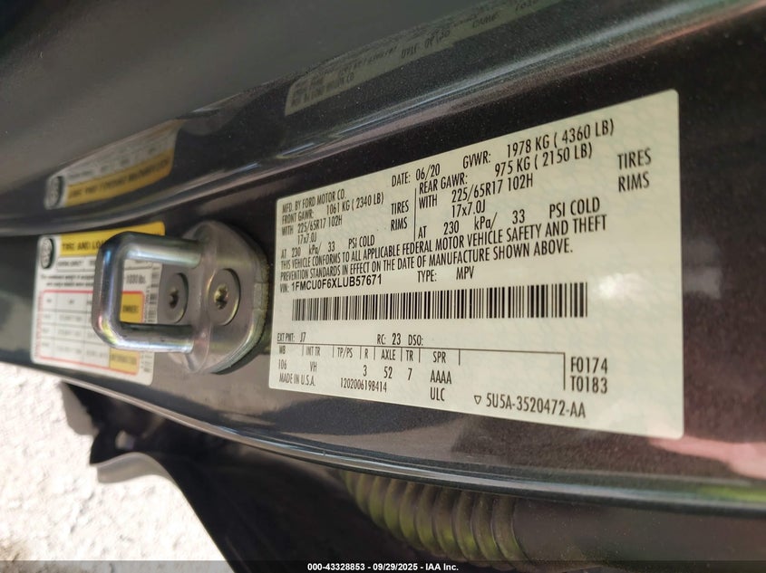 2020 FORD ESCAPE S 1FMCU0F6XLUB57671