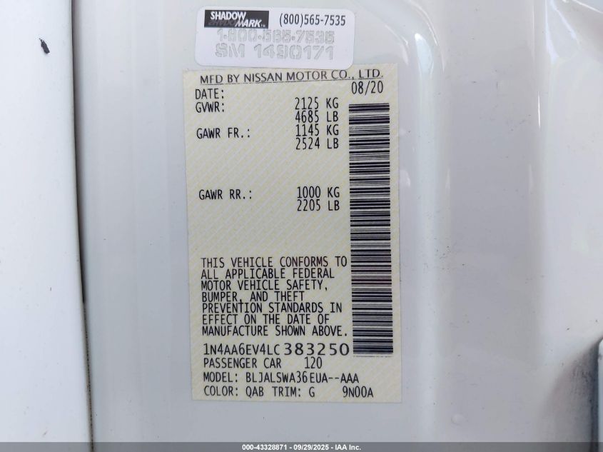 2020 Nissan Maxima Sr Xtronic Cvt VIN: 1N4AA6EV4LC383250 Lot: 43328871