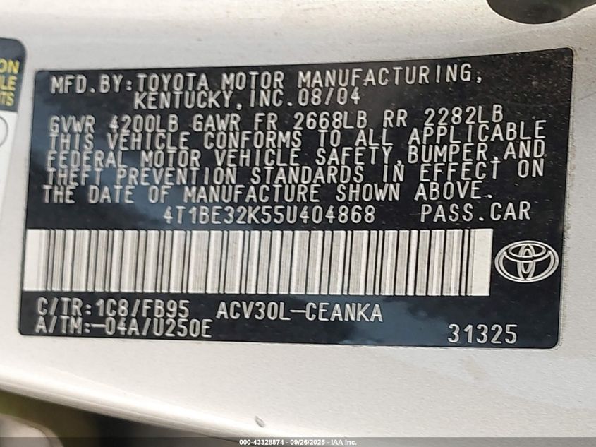 2005 Toyota Camry Le VIN: 4T1BE32K55U404868 Lot: 43328874