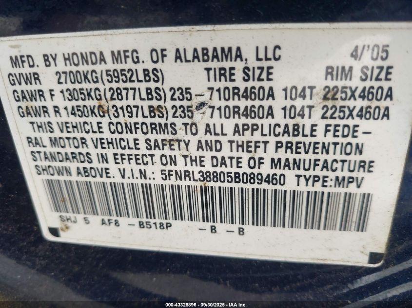 2005 Honda Odyssey Touring VIN: 5FNRL38805B089460 Lot: 43328896