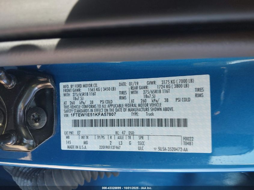 2019 Ford F-150 Xlt VIN: 1FTEW1E51KFA57807 Lot: 43328899