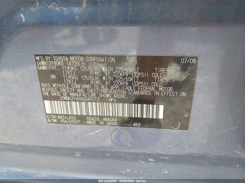 2008 Toyota Rav4 Limited V6 VIN: JTMBK31V686049212 Lot: 43328900