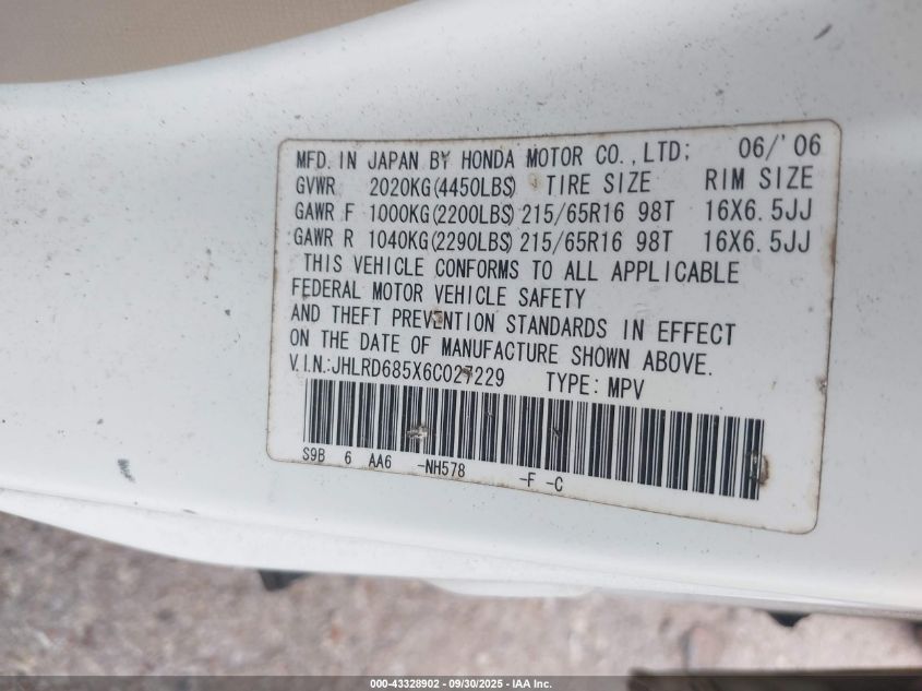 2006 Honda Cr-V Lx VIN: JHLRD685X6C027229 Lot: 43328902