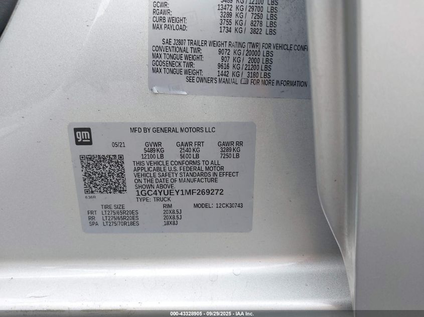 2021 Chevrolet Silverado 3500Hd 4Wd Standard Bed Ltz VIN: 1GC4YUEY1MF269272 Lot: 43328905