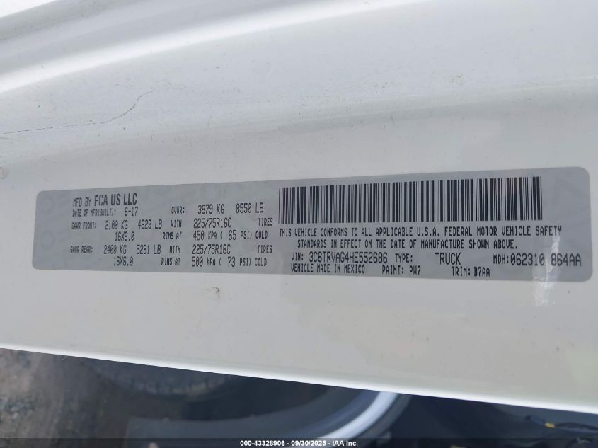 2017 Ram Promaster 1500 Low Roof 136 Wb VIN: 3C6TRVAG4HE552686 Lot: 43328906