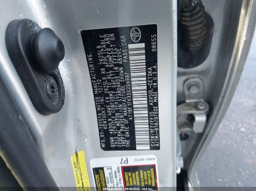 2013 Toyota Camry Se VIN: 4T1BF1FKXDU204997 Lot: 43328926