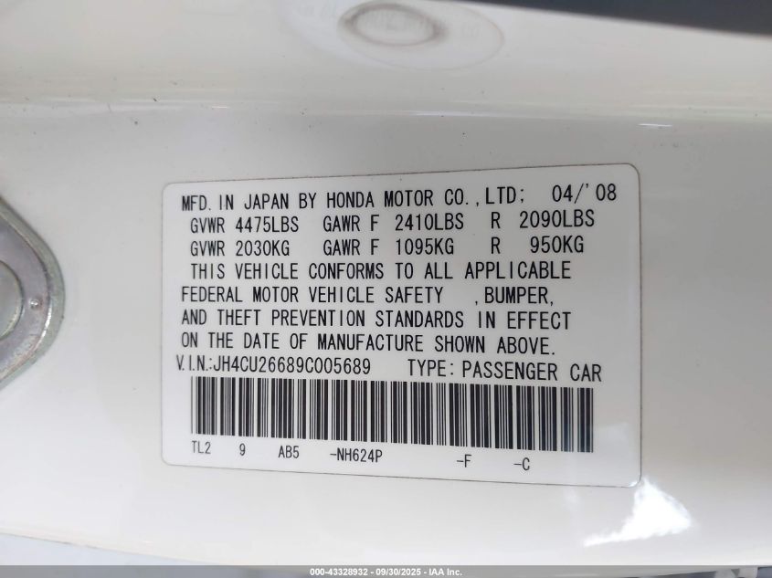 2009 Acura Tsx VIN: JH4CU26689C005689 Lot: 43328932