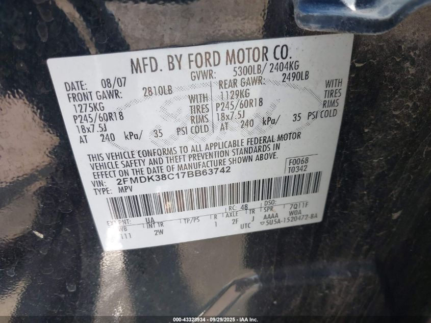 2007 Ford Edge Sel VIN: 2FMDK38C17BB63742 Lot: 43328934