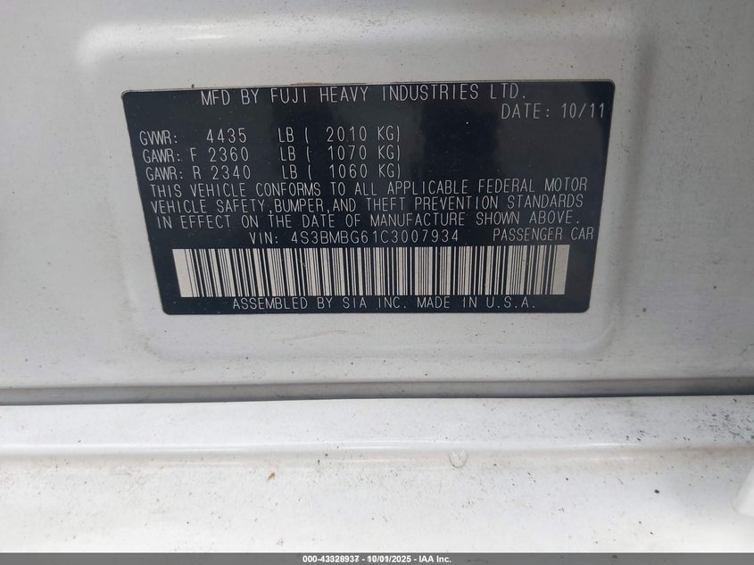 2012 Subaru Legacy 2.5I Premium VIN: 4S3BMBG61C3007934 Lot: 43328937