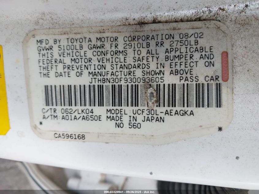 2003 Lexus Ls 430 VIN: JTHBN30F930093605 Lot: 43328941