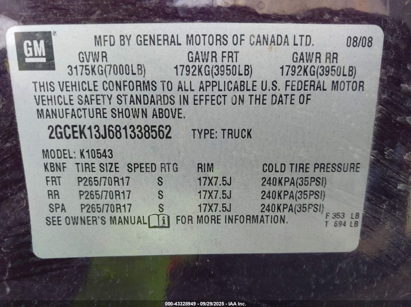 2008 Chevrolet Silverado 1500 Ltz VIN: 2GCEK13J681338562 Lot: 43328949