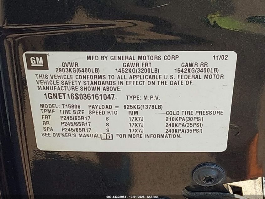 2003 Chevrolet Trailblazer Ext Lt VIN: 1GNET16S036161047 Lot: 43328951