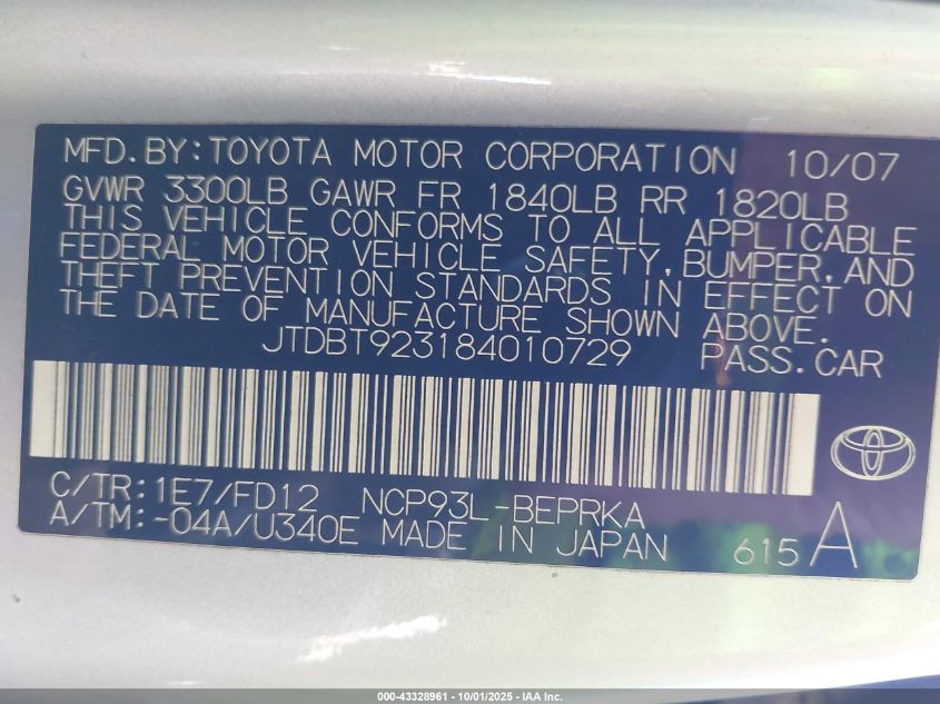 2008 Toyota Yaris VIN: JTDET923184010729 Lot: 43328961