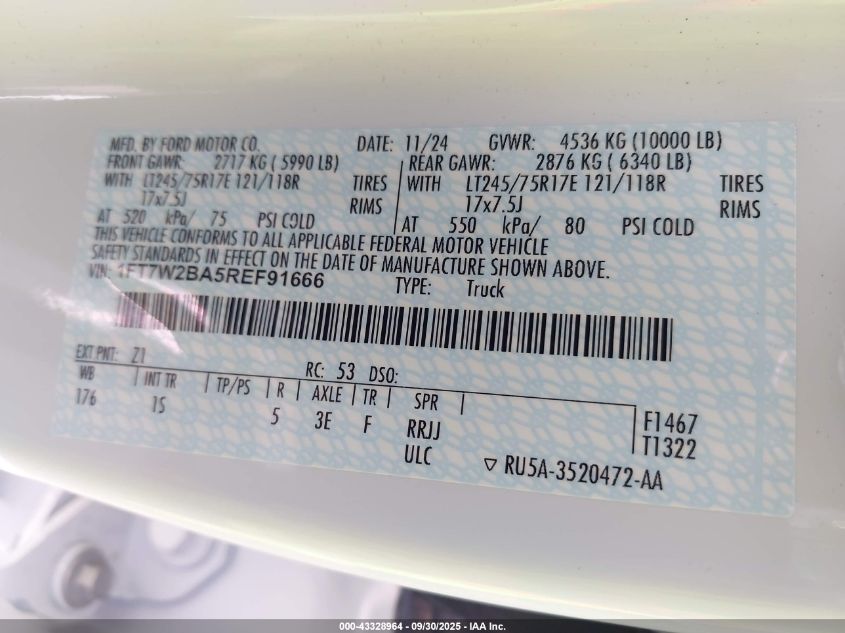 2024 Ford F-250 Xl VIN: 1FT7W2BA5REF91666 Lot: 43328964