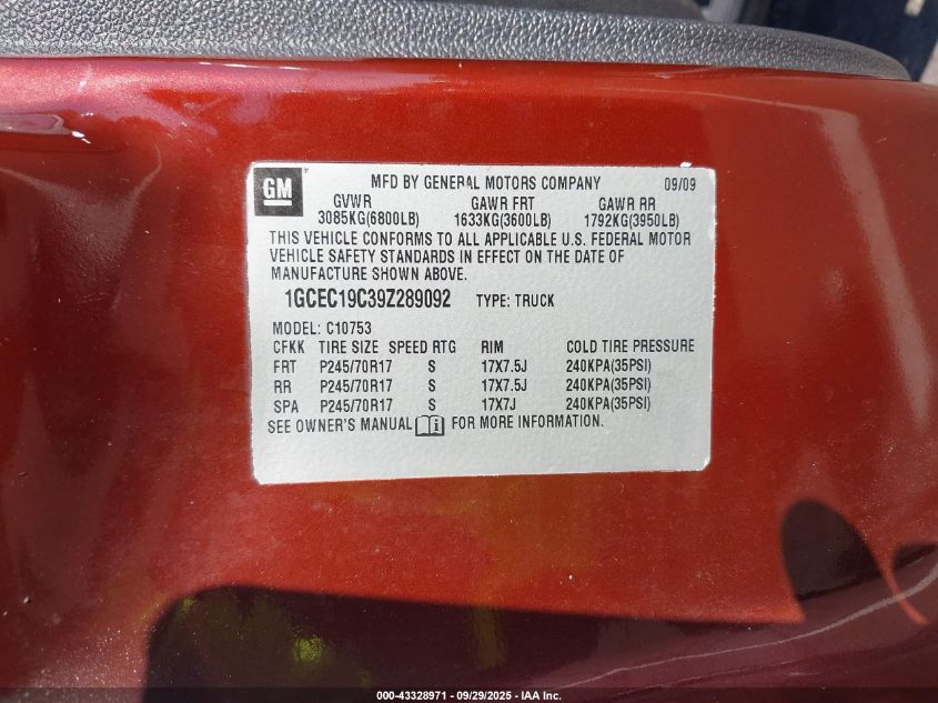 2009 Chevrolet Silverado 1500 Ls VIN: 1GCEC19C39Z289092 Lot: 43328971