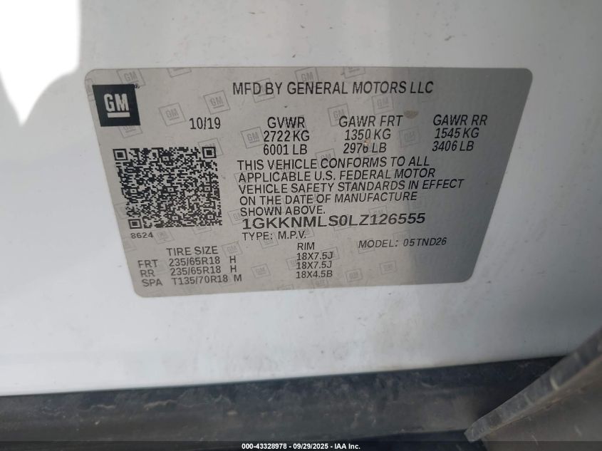 2020 GMC Acadia Fwd Slt VIN: 1GKKNMLS0LZ126555 Lot: 43328978