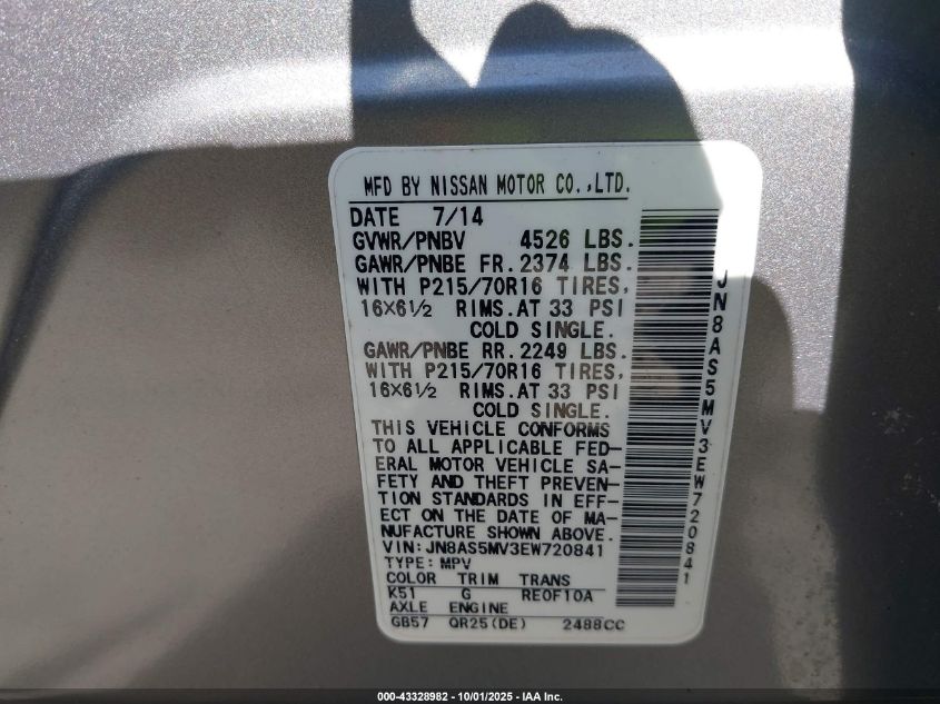 2014 Nissan Rogue Select S VIN: JN8AS5MV3EW720841 Lot: 43328982