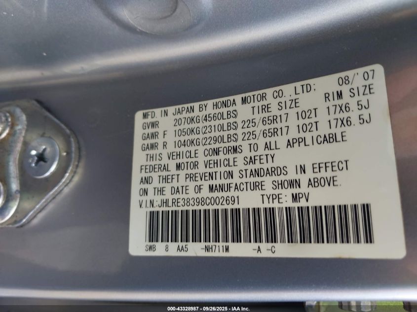 2008 Honda Cr-V Lx VIN: JHLRE38398C002691 Lot: 43328987