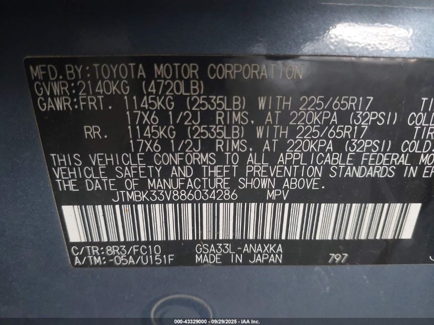 2008 Toyota Rav4 Base V6 VIN: JTMBK33V886034286 Lot: 43329000