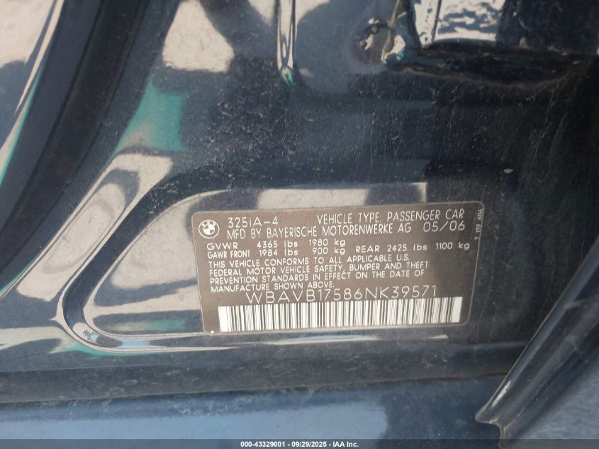 2006 BMW 325I VIN: WBAVB17586NK39571 Lot: 43329001