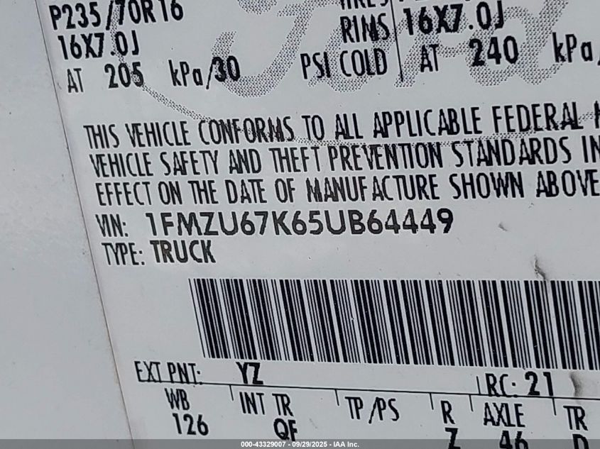 2005 Ford Explorer Sport Trac Adrenalin/Xls/Xlt VIN: 1FMZU67K65UB64449 Lot: 43329007