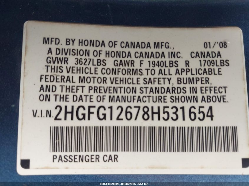 2008 Honda Civic Lx VIN: 2HGFG12678H531654 Lot: 43329009