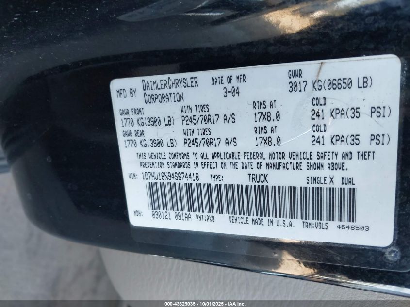 2004 Dodge Ram 1500 Slt/Laramie VIN: 1D7HU18N94S674418 Lot: 43329035