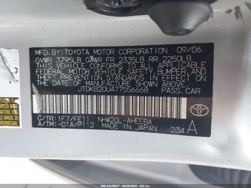 2007 Toyota Prius VIN: JTDKB20U477556668 Lot: 43329037