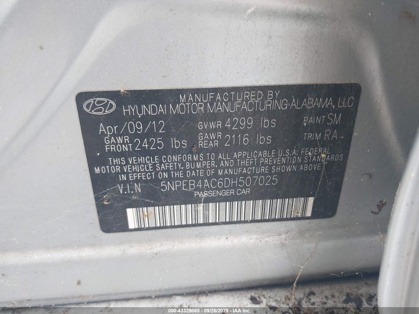 2013 HYUNDAI SONATA GLS 5NPEB4AC6DH507025